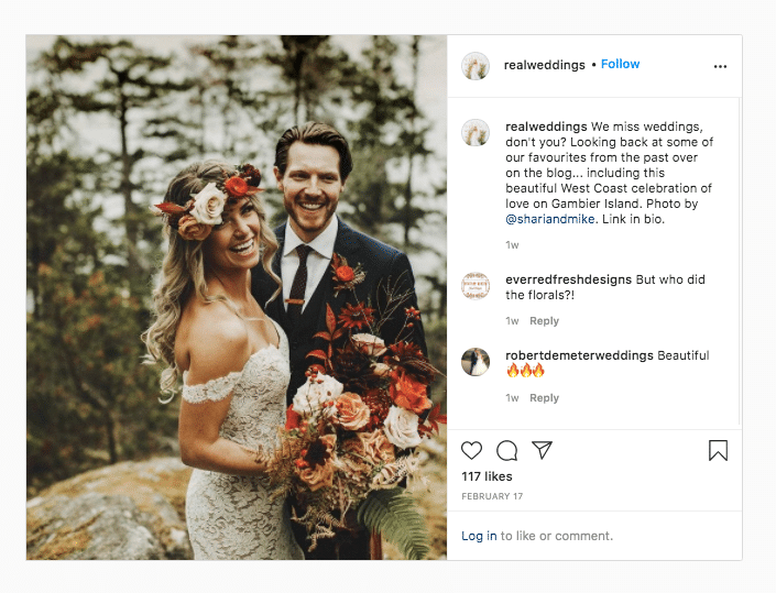 Photo de vrais mariages de couple avec lien de bouquet en bio