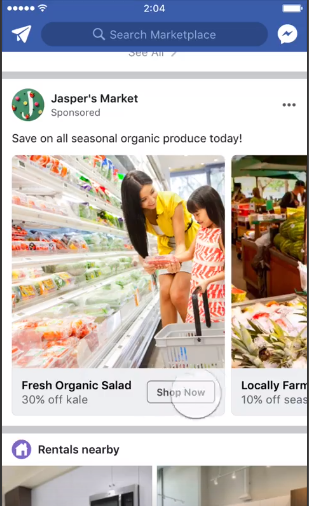 Capture d'écran d'une publicité illustrée sur Facebook Marketplace