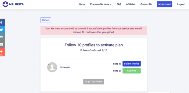 M. Insta demande de suivre 10 profils pour activer votre "acheter des abonnés instagram" plan