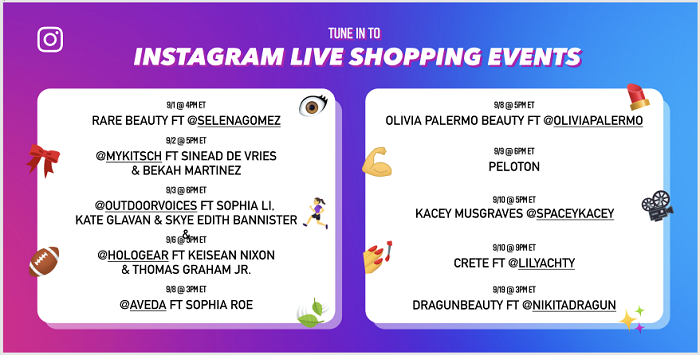Calendrier des événements de magasinage en direct sur Instagram