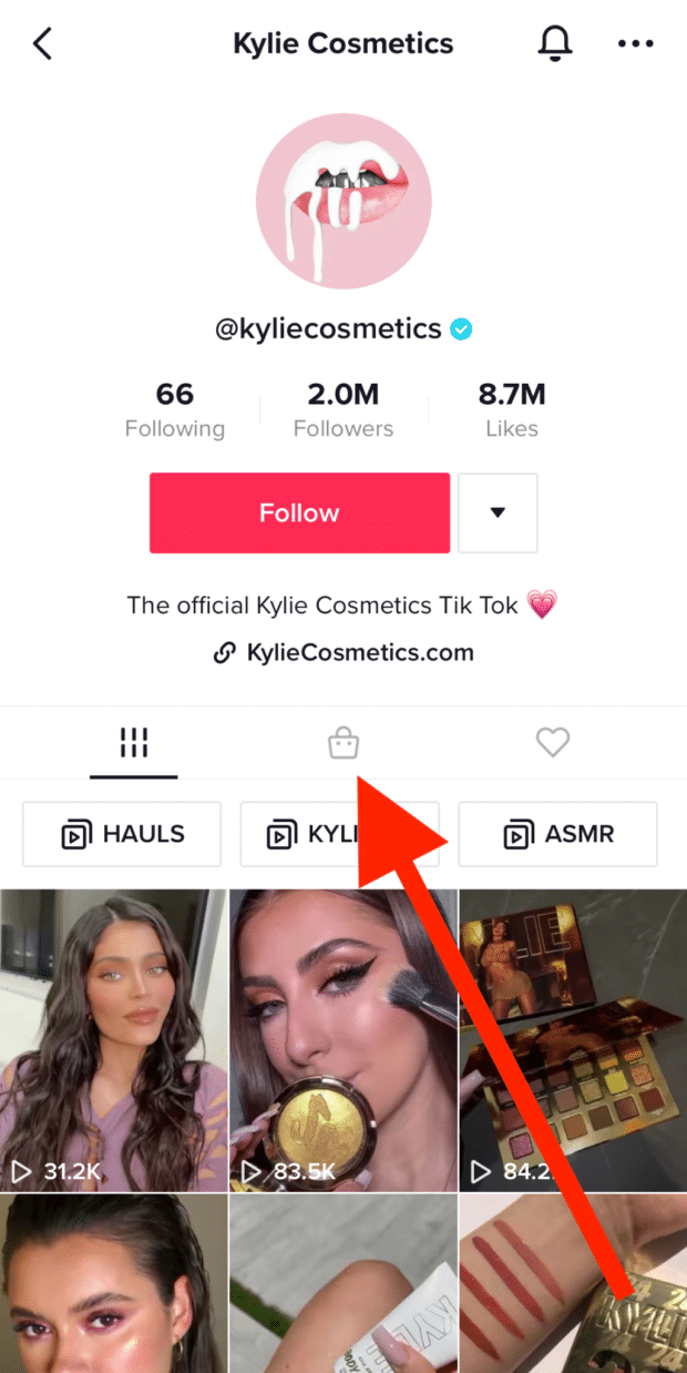 Profil de Kylie Cosmetics sur TikTok avec onglet shopping