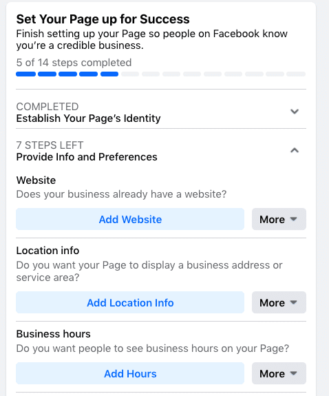 Configuration de la page d'entreprise Facebook