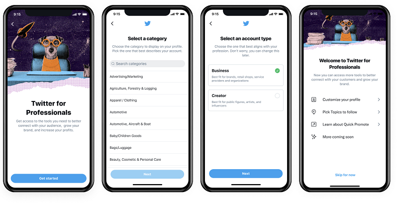 Processus de demande de profil professionnel Twitter