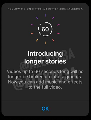 Notification d'histoires de 60 secondes sur Instagram