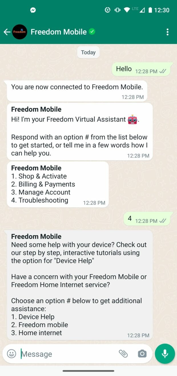 Service client du chatbot WhatsApp de Freedom Mobile