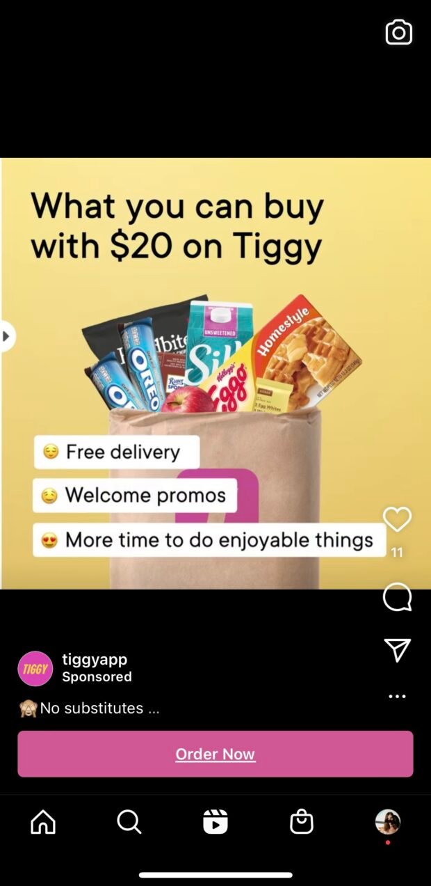 bobine publicitaire instagram pour la livraison d'épicerie tiggy