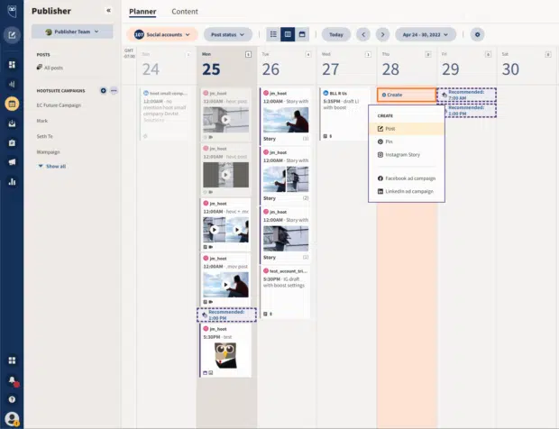 capture d'écran de la vue du calendrier dans Hootsuite Planner