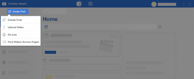 Facebook Creator Studio, un outil instagram pour PC, affichant des options pour créer des publications, télécharger des vidéos, passer en direct et publier des vidéos sur plusieurs pages
