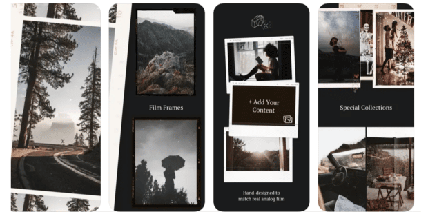 quatre écrans montrant des modèles, des collections et des arrière-plans disponibles dans l'application Instagram Storyluxe