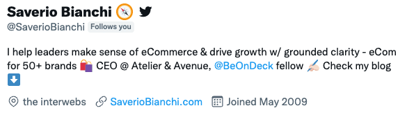 Saverio Bianchi Conseiller e-commerce et PDG [twitter bio example]