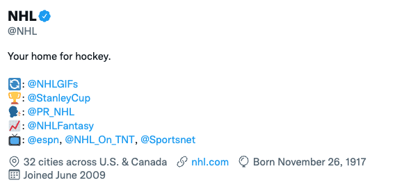 NHL votre maison pour le hockey [twitter bio example]