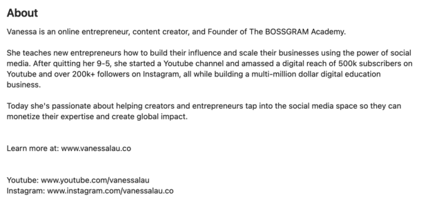 Vanessa Lau entrepreneure en ligne à propos de la section [social media bio example]