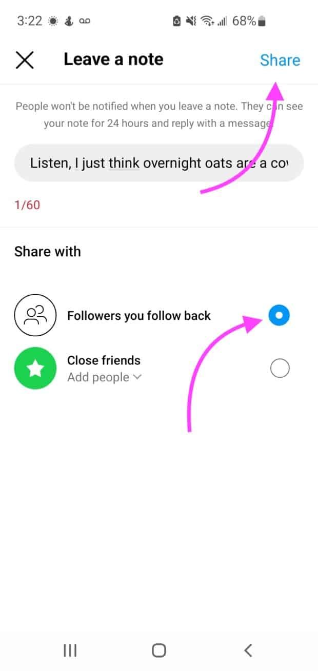 cliquez sur partager pour publier Instagram Note