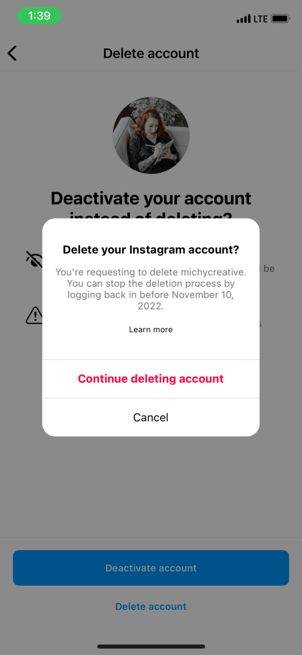 continuer à supprimer le compte Instagram