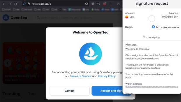 Fenêtre de demande de signature dans OpenSea