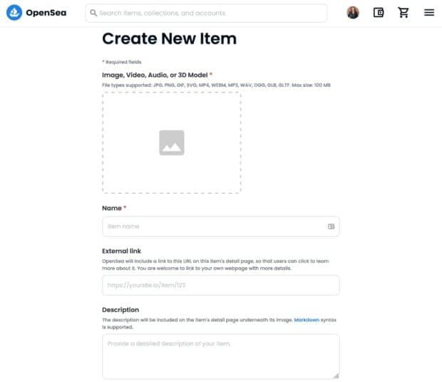 Créer un nouvel élément dans OpenSea