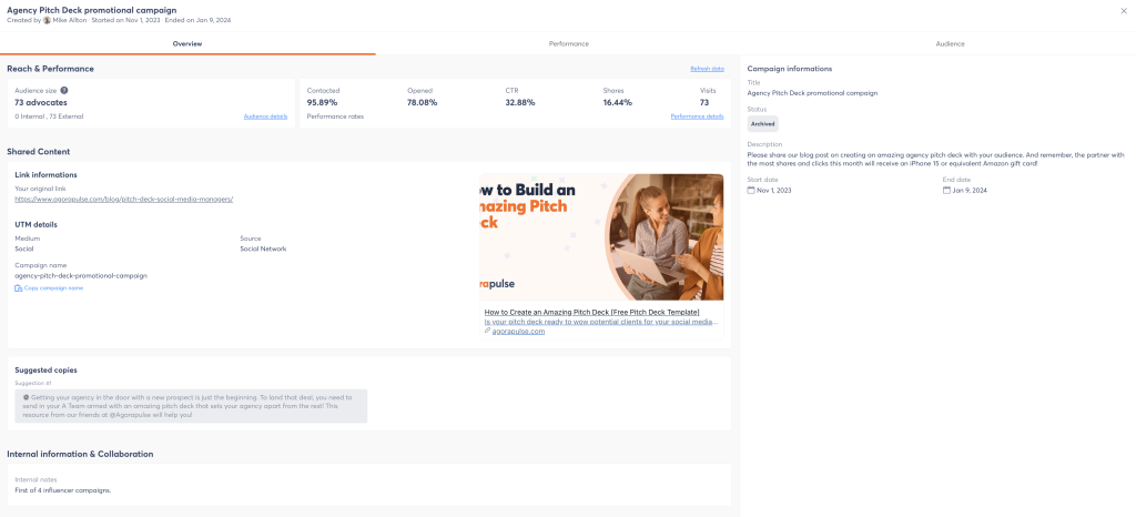 Fonctionnalité Employee Advocacy d'Agorapulse, exemple de campagne.
