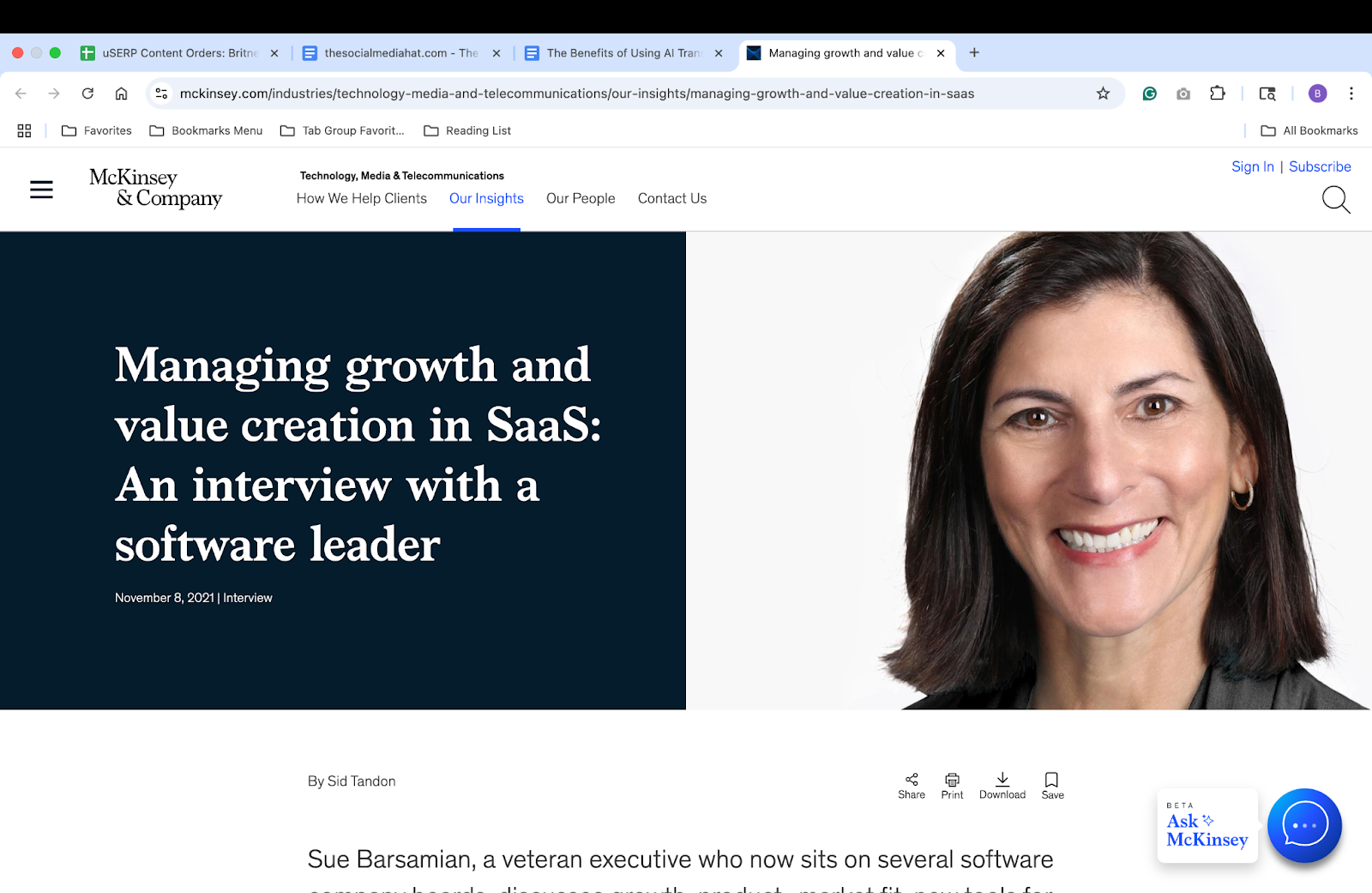 Article de McKinsey sur la gestion de la croissance et de la création de valeur en SaaS: une interview avec un leader du logiciel Article de McKinsey sur la gestion de la croissance et de la création de valeur en SaaS: une interview avec un leader du logiciel